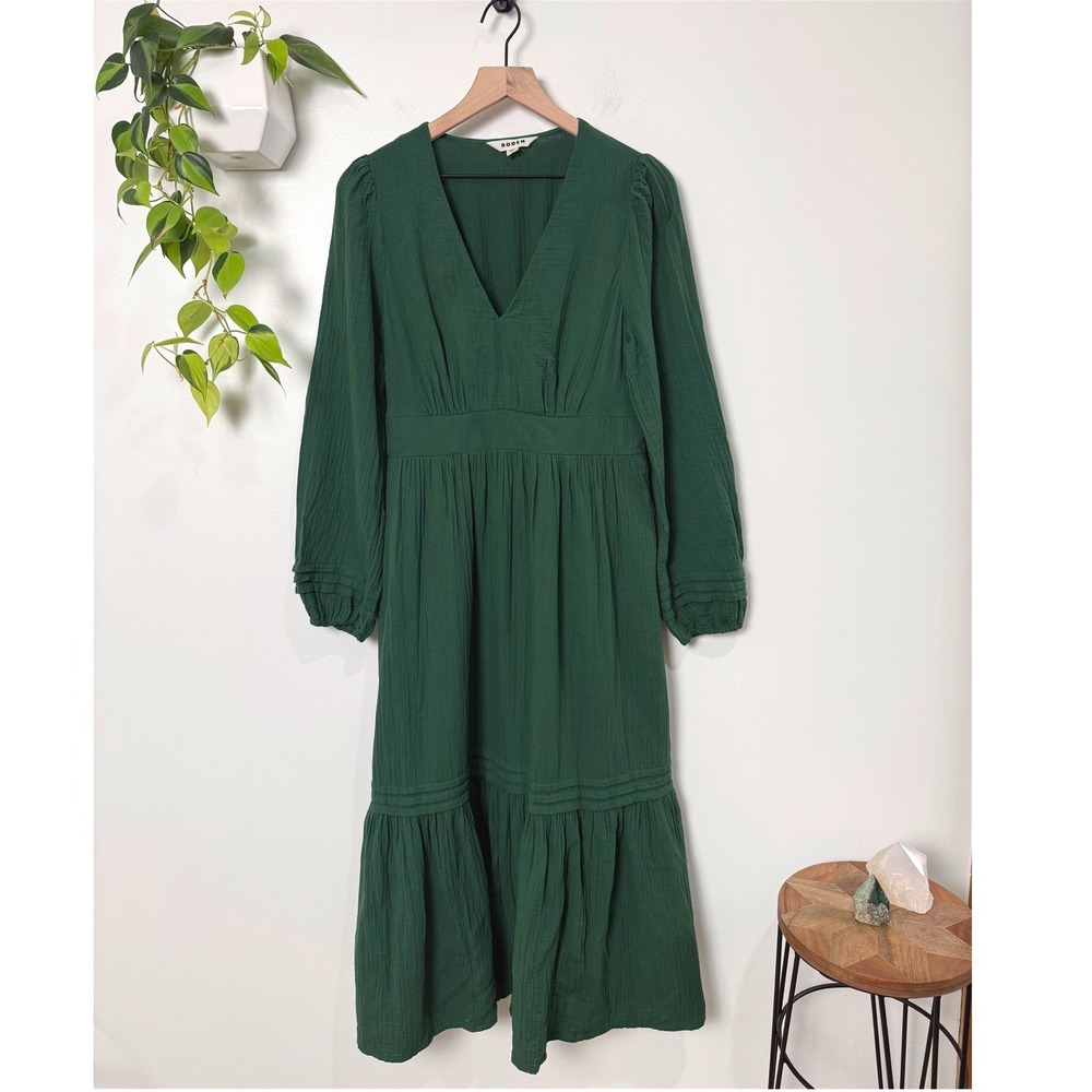 Boden Eve Sleeved Double Cloth Dress Green Cotton Midi V-Neck 8R Cottagecore